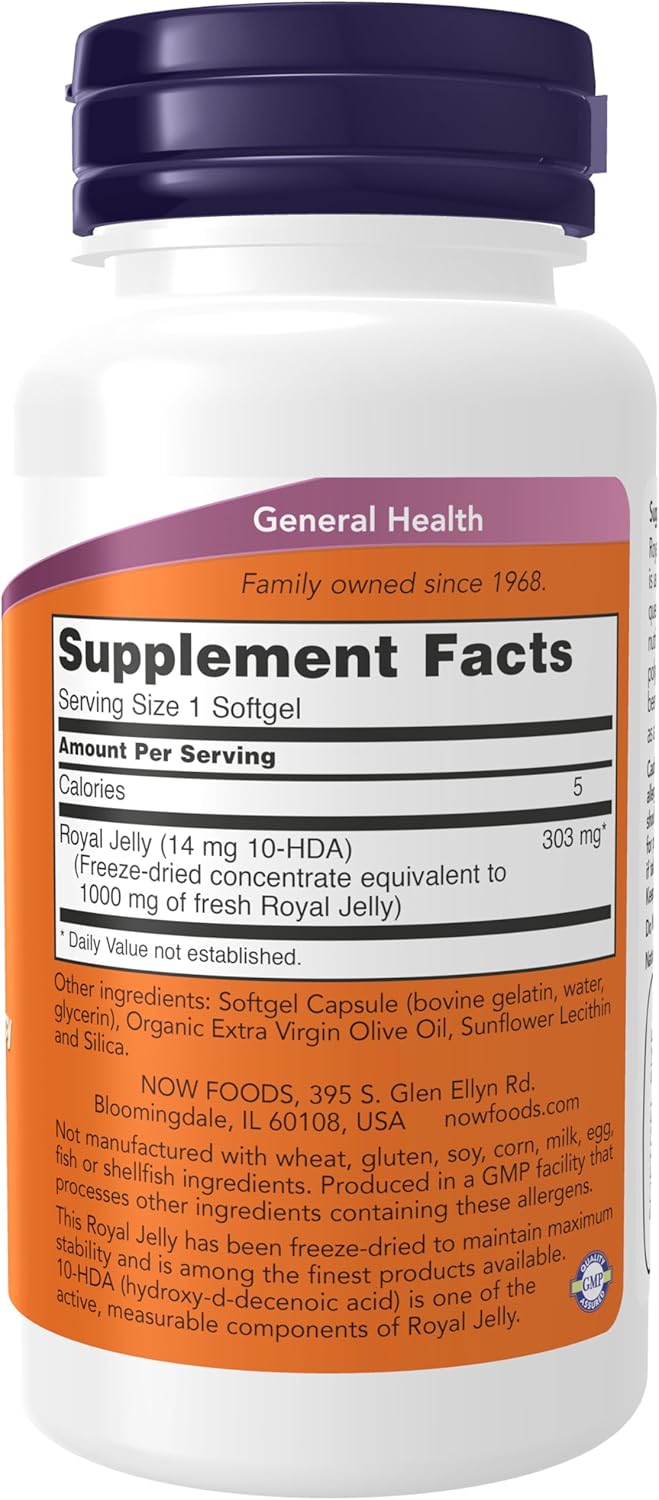 NOW Supplements, Royal Jelly 1000 mg with 10-HDA (Hydroxy-D-Decenoic Acid), 60 Softgels