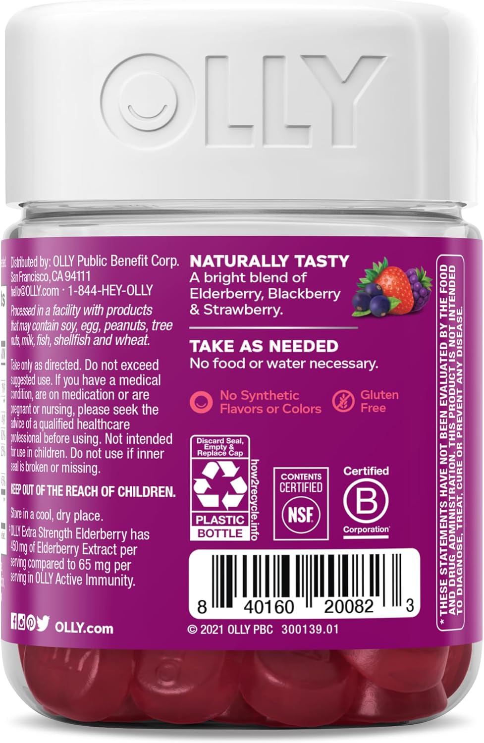 OLLY Extra Strength Elderberry Gummies, Immune Support, 450mg Elderberry, Vitamin C, D and Zinc, Berry - 60 Count