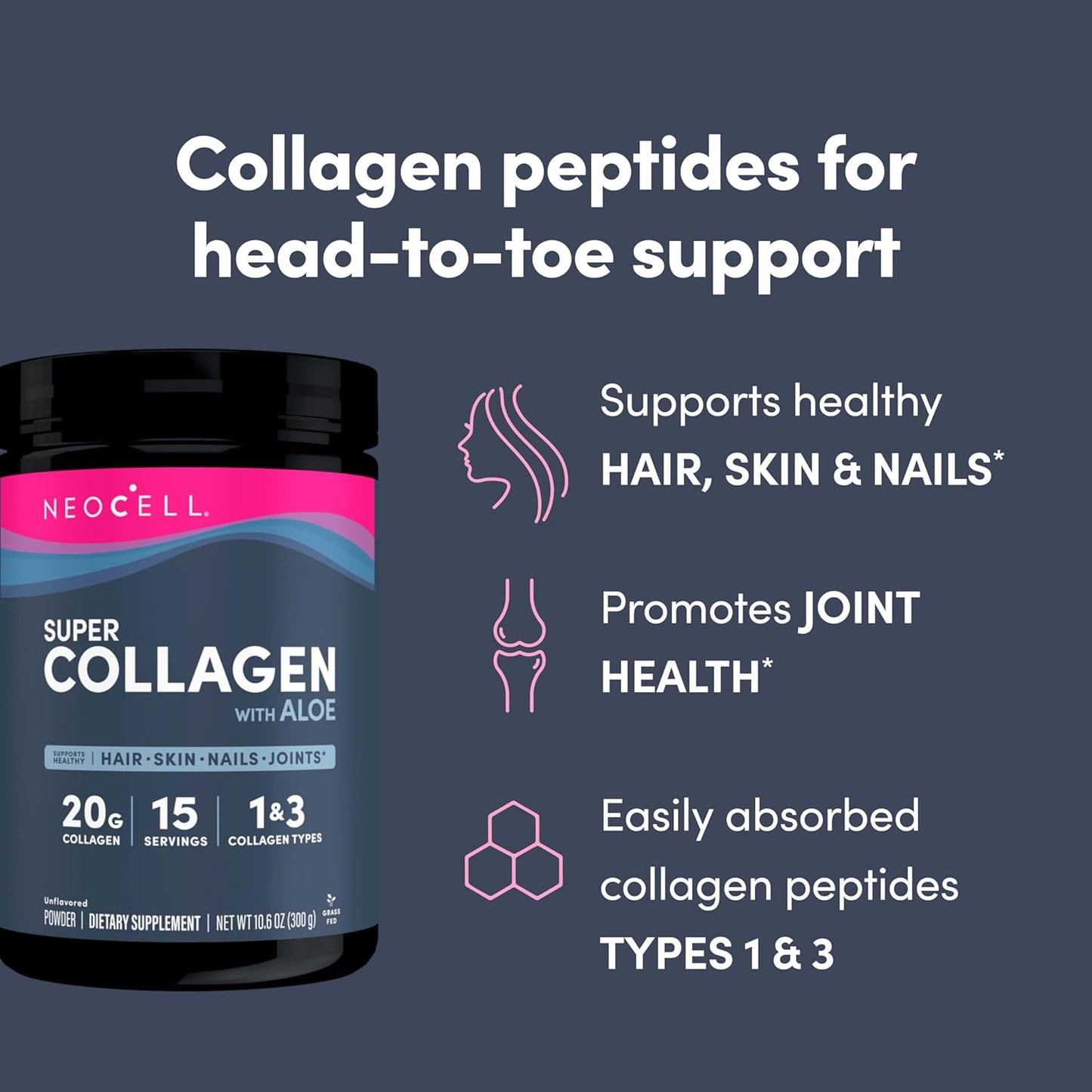 Neocell Collagen with Aloe; Type 1 & 3; Supports Healthy Hair, Skin & Nails, 10 g Collagen/Serving; 30 Servings; 10.6 Oz