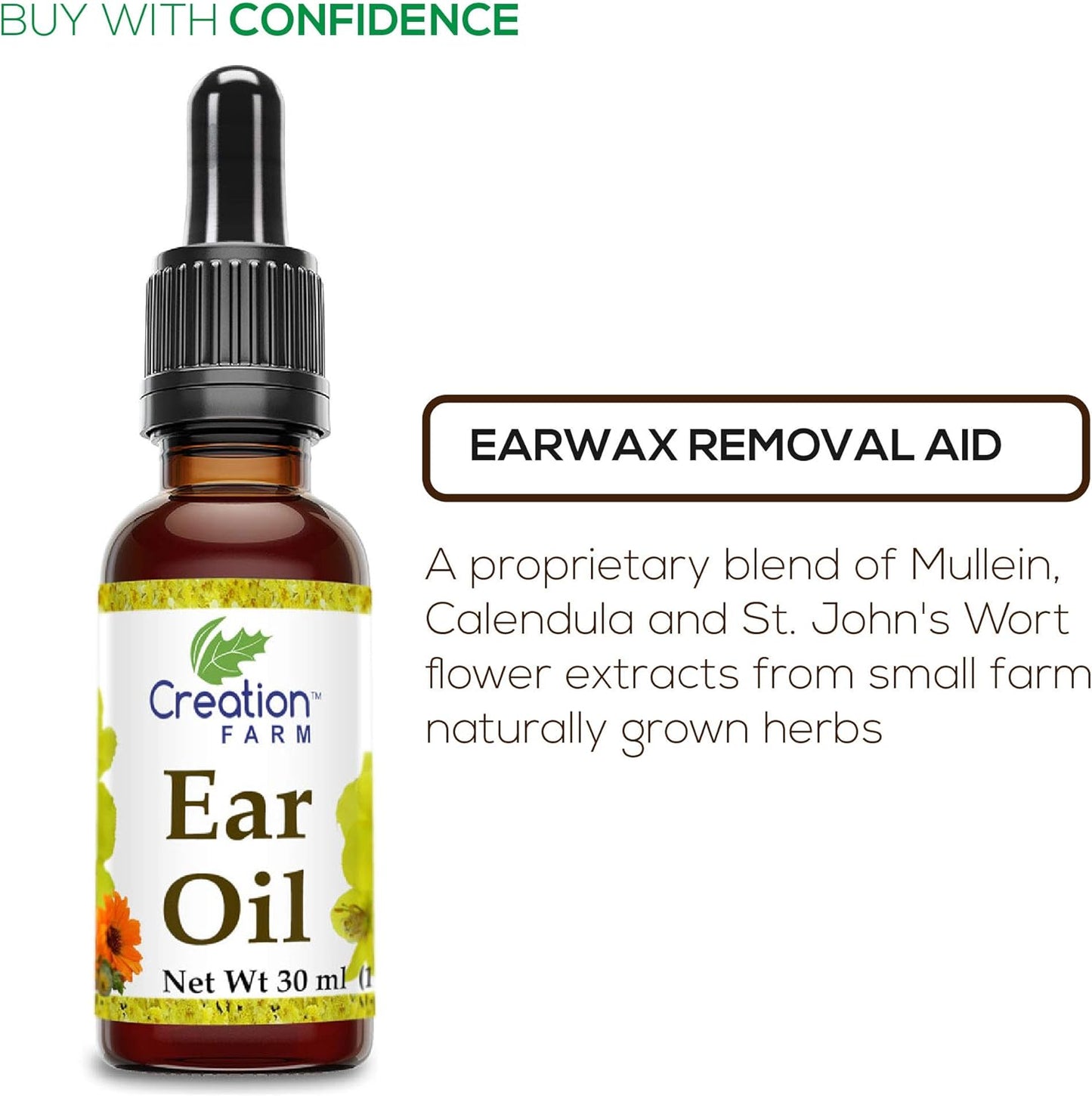 Creation Farm Ear Oil Drops with Mullein, Calendula, St Johns Wort, All Natural Herbal Relief for Earwax Removal, Earache Soothing, Itchy Irritated, Clogged or Dry Ears Made in USA