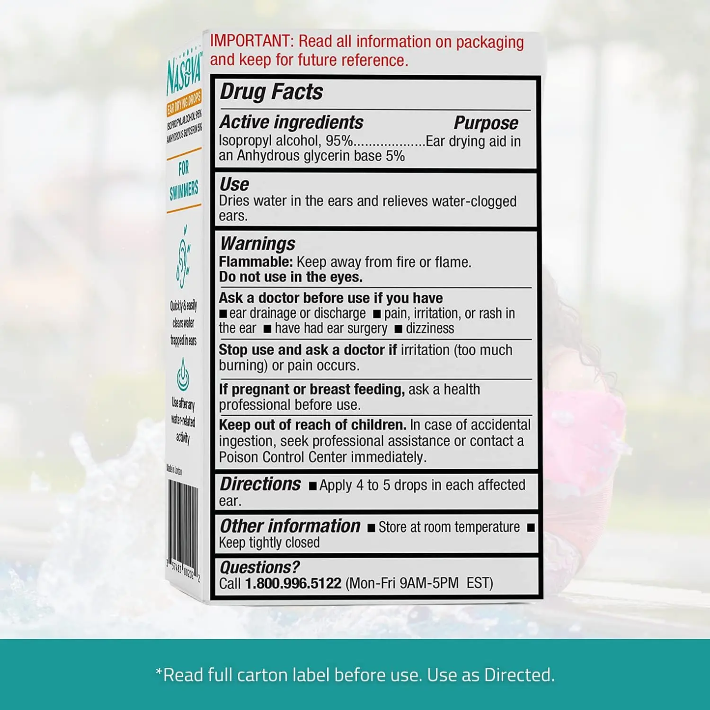 Nasova Swimmer's Ear Drying Drops for Adults & Kids, Twin Pack 2X 0.5 fl oz Bottles (15 ml Each) Clear Trapped Water After Any Water Activity. Nasova