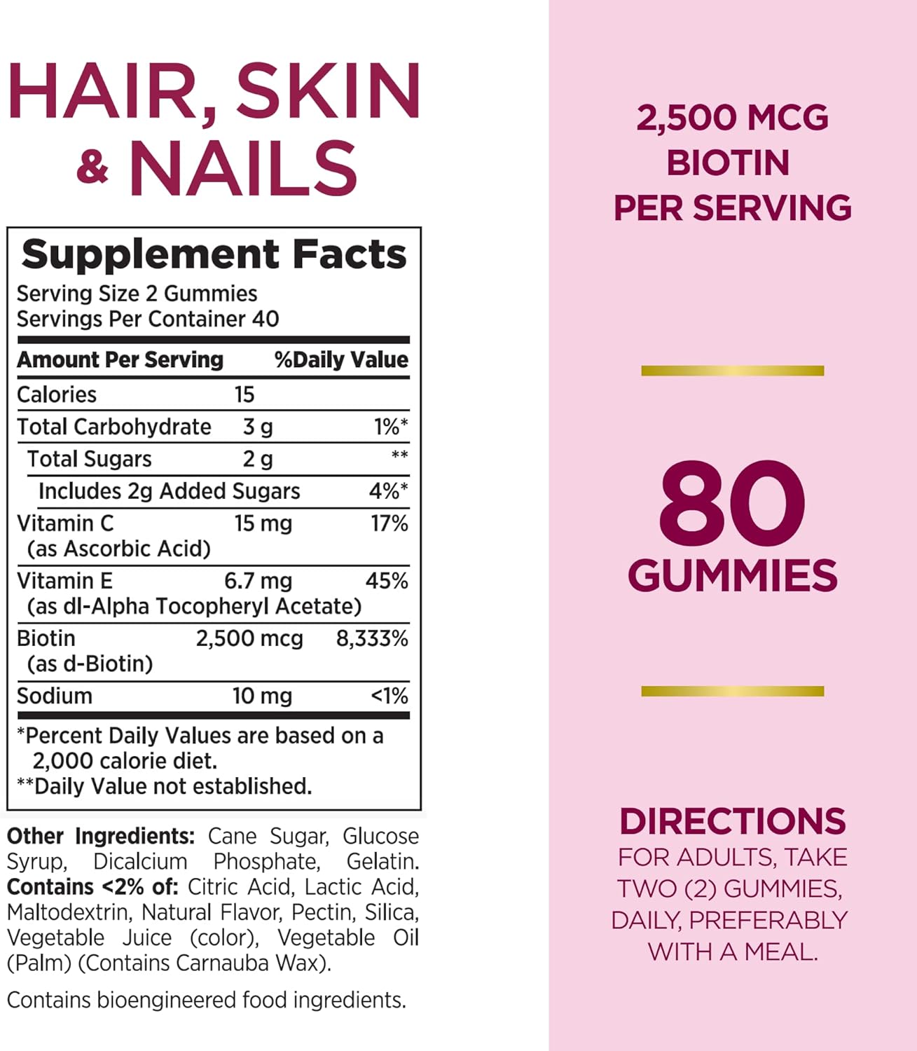 Nature's Bounty Optimal Solutions Hair, Skin& Nails.,2500 mcg, 80 Ct