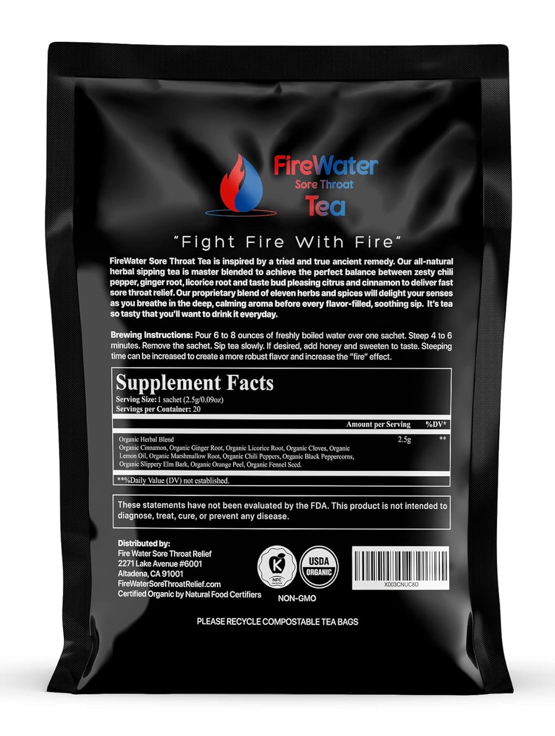 FireWater Sore Throat Tea - Organic Caffeine Free Herbal Tea, Relieves Sore Throats, Chronic Cough, Mucus, Sinus Congestion, Spicy Citrus and Cinnamon. - 20 Sachets