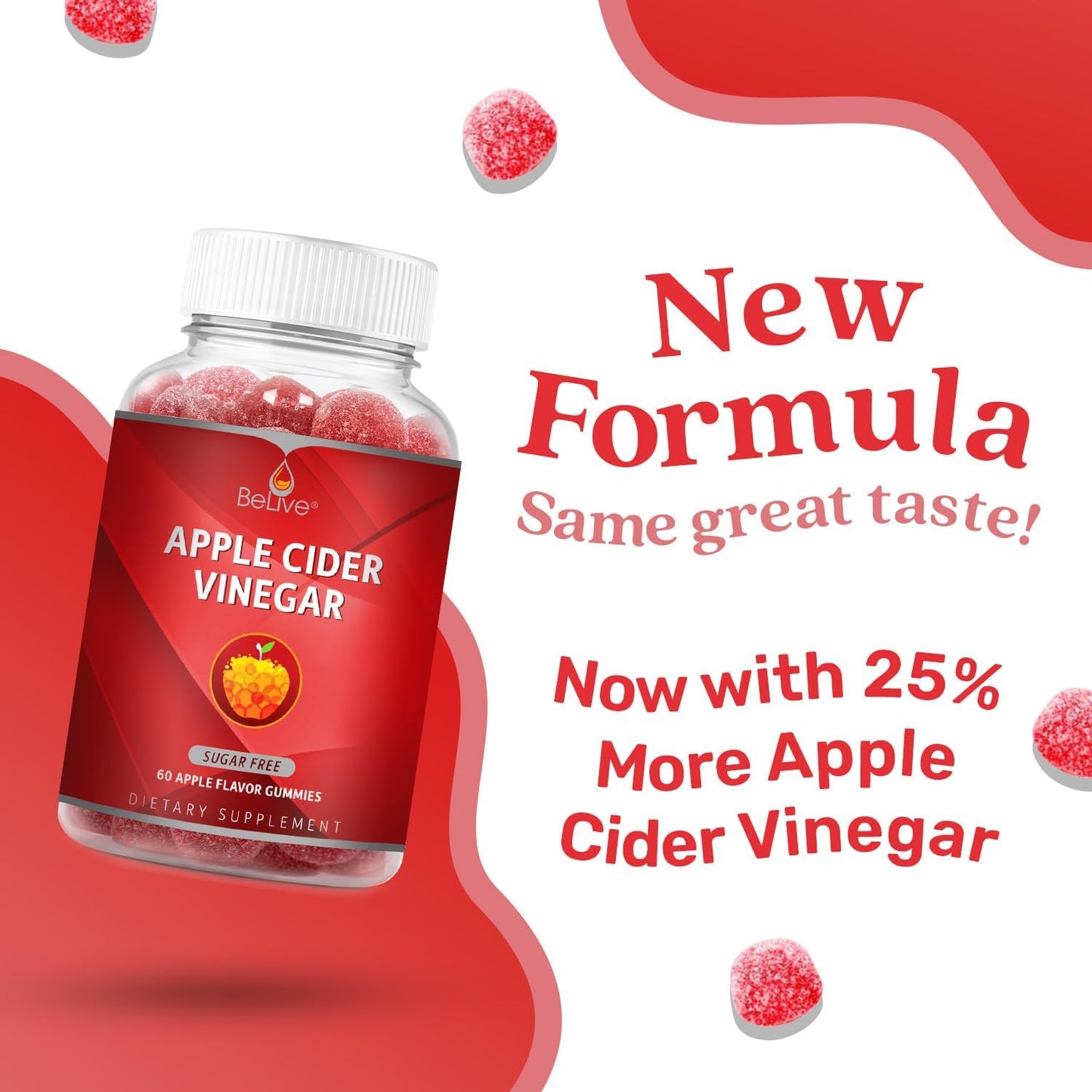 BeLive Apple Cider Vinegar Gummies - AVC Gummies Without Sugar I Detox, Cleanse & Support Digestive Health, Tasty Alternative to AVC Capsules, Vegan, Keto Friendly, Non GMO, Gluten Free | 60 Ct