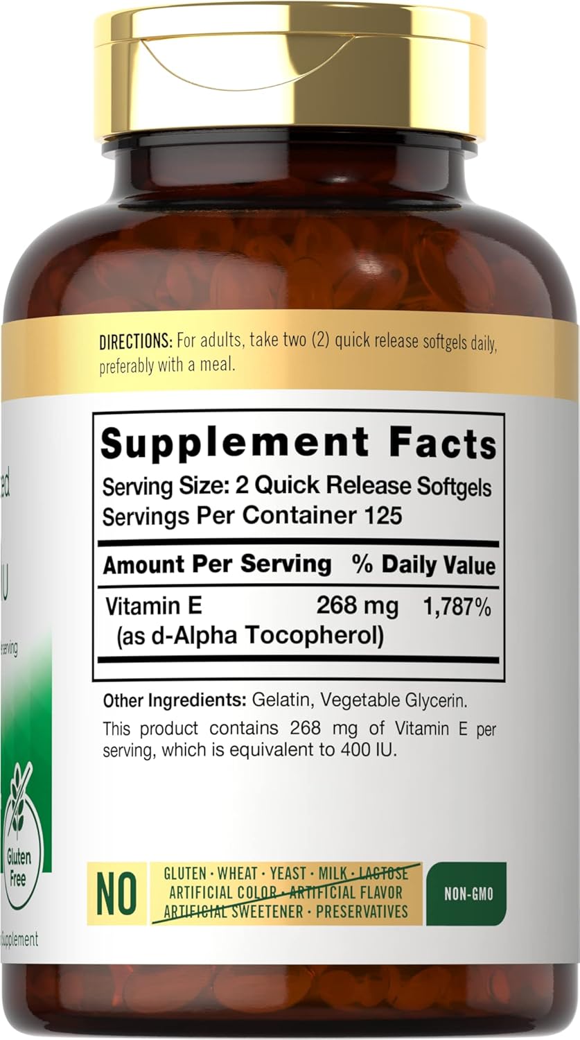 CARLYLE Natural Vitamin E | 400 IU | 250 Softgels | Non-GMO & Gluten Free