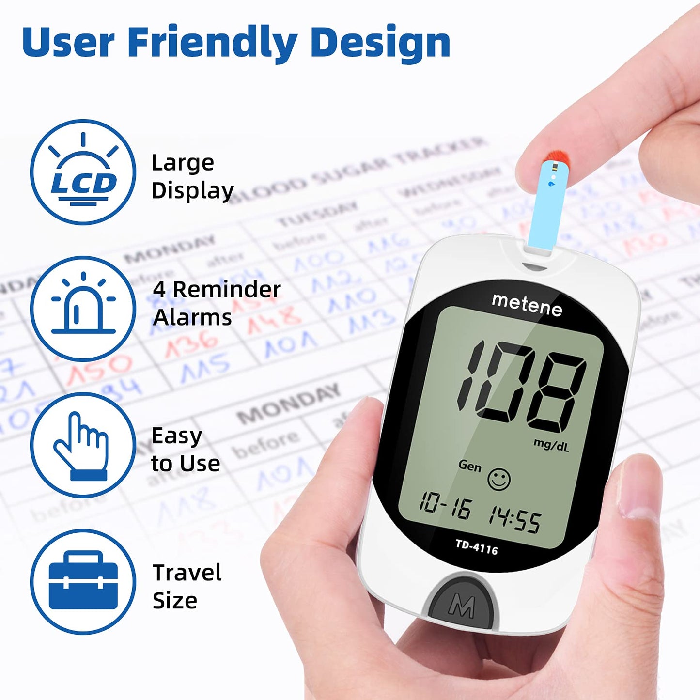 Metene TD-4116 Blood Glucose Monitor Kit, 100 Glucometer Strips, 100 Lancets, 1 Blood Sugar Monitor, 1 Lancing Device, Blood Sugar Test Kit, No Coding