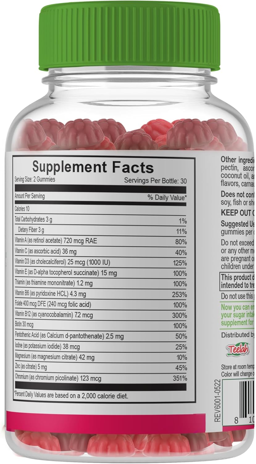 YumVs Diabetic Multivitamin Gummies | Sugar Free Diabetes Supplement Vitamins for Women & Men | Chromium, Thiamine and Magnesium | Natural Raspberry Flavor Chewables - 60 Count