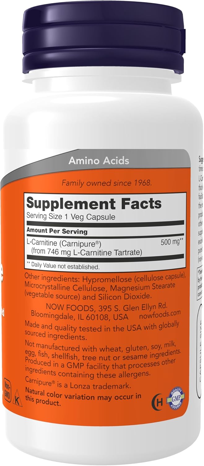 NOW Foods Supplements, L-Carnitine 500mg, 60 Veg Capsules