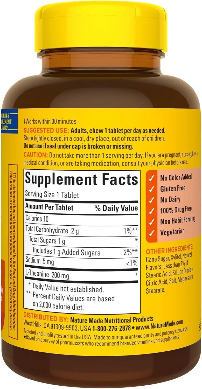 Nature Made Chewable L Theanine 200mg, Stress Relief, 50 Chewable Tablets Nature Made