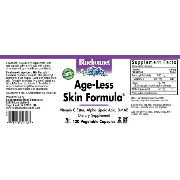 BlueBonnet Age-Less Skin Formula Capsules, White, Vegetable, 120 Count