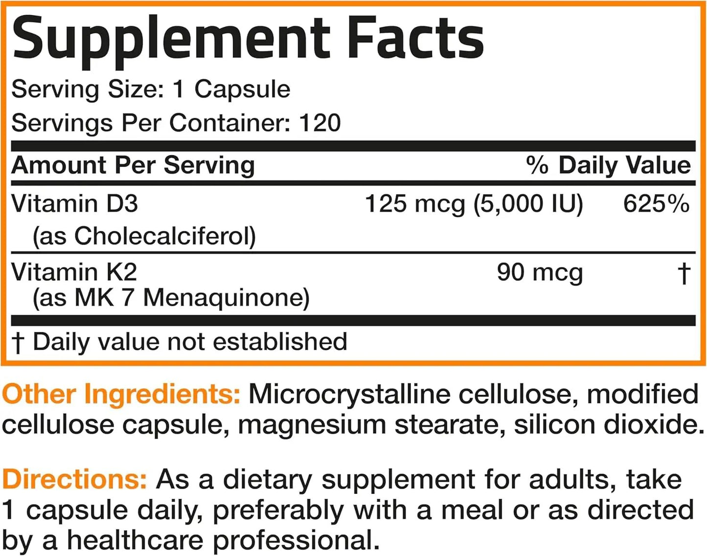 Bronson Vitamin K2 (MK7) with D3 Supplement Non-GMO Formula 5000 IU Vitamin D3 & 90 mcg Vitamin K2 MK-7 Easy to Swallow Vitamin D & K Complex, 120 caps Bronson