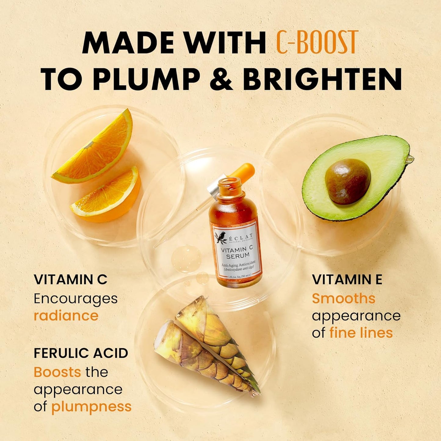 Eclat Vitamin C Face Serum - Hyaluronic Acid, Retinol, & Vit E - Anti Aging Facial Brightening Serum for Skin Care - Timeless Pure Vitamin C Serum for Face Dark Spots, Vit C Serum Oil, Face Serum for Women