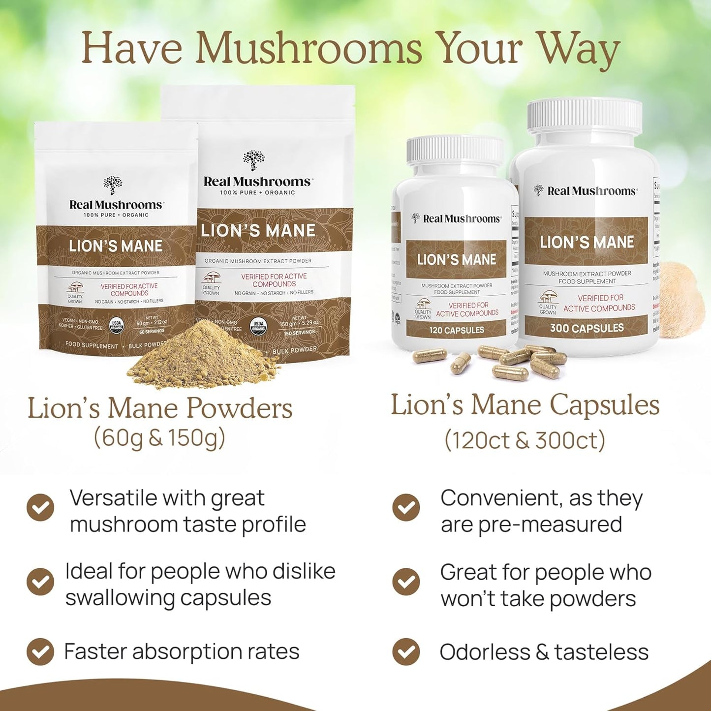 Real Mushrooms Lion’s Mane Capsules - Organic Lions Mane Mushroom Extract for Cognitive Function & Immune Support - Brain Supplements for Memory and Focus - Vegan Mushroom Supplement, 120 Caps