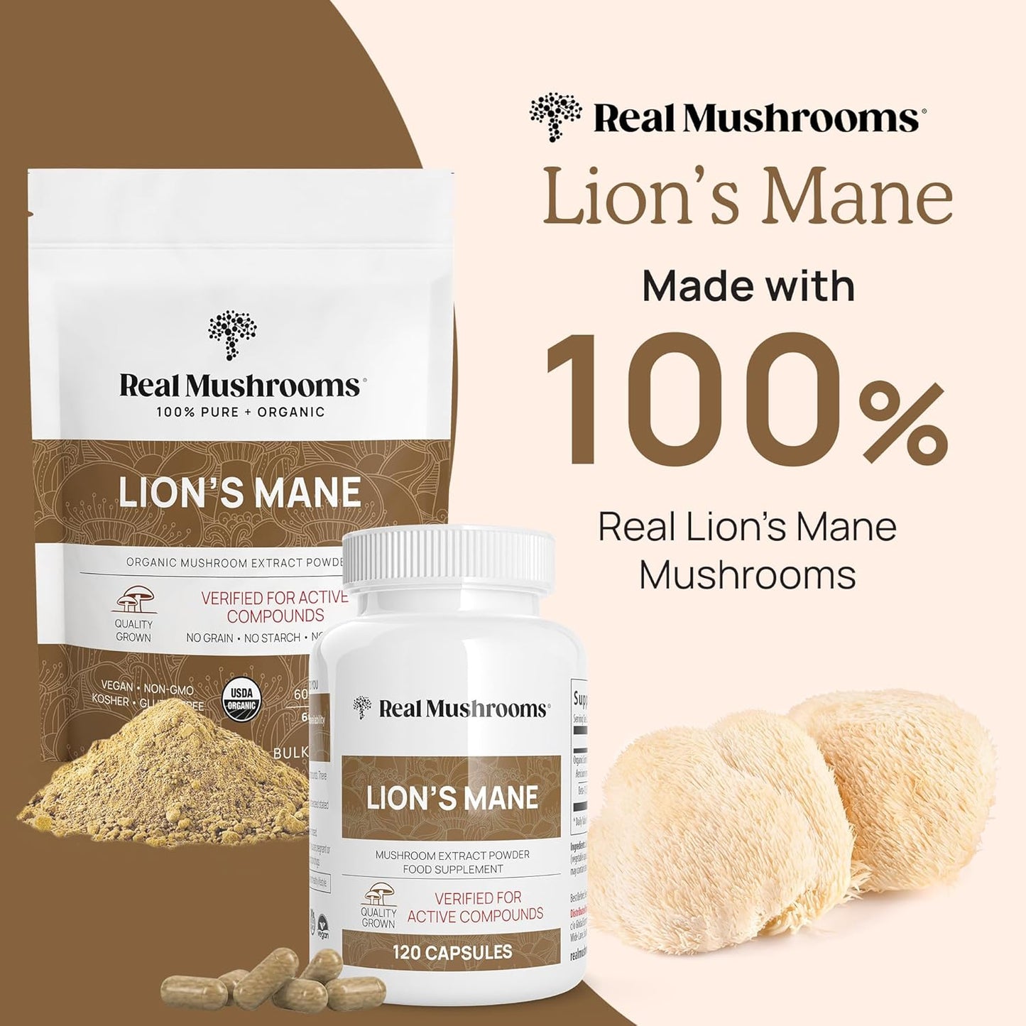 Real Mushrooms Lion’s Mane Capsules - Organic Lions Mane Mushroom Extract for Cognitive Function & Immune Support - Brain Supplements for Memory and Focus - Vegan Mushroom Supplement, 120 Caps