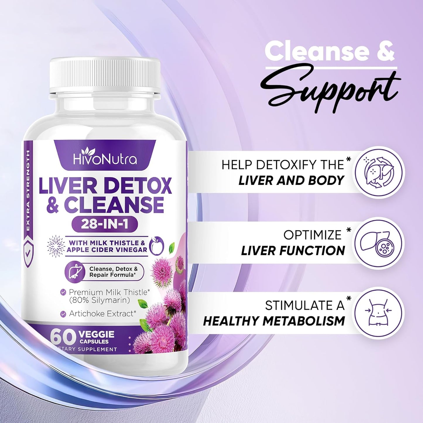 HivoNutra 28-in-1 Liver Cleanse Detox & Repair Fatty Liver Formula - Milk Thistle Silymarin, Artichoke Extract, Dandelion & Apple Cider Vinegar - Liver Health Supplement Support Pills - Vegan Capsules