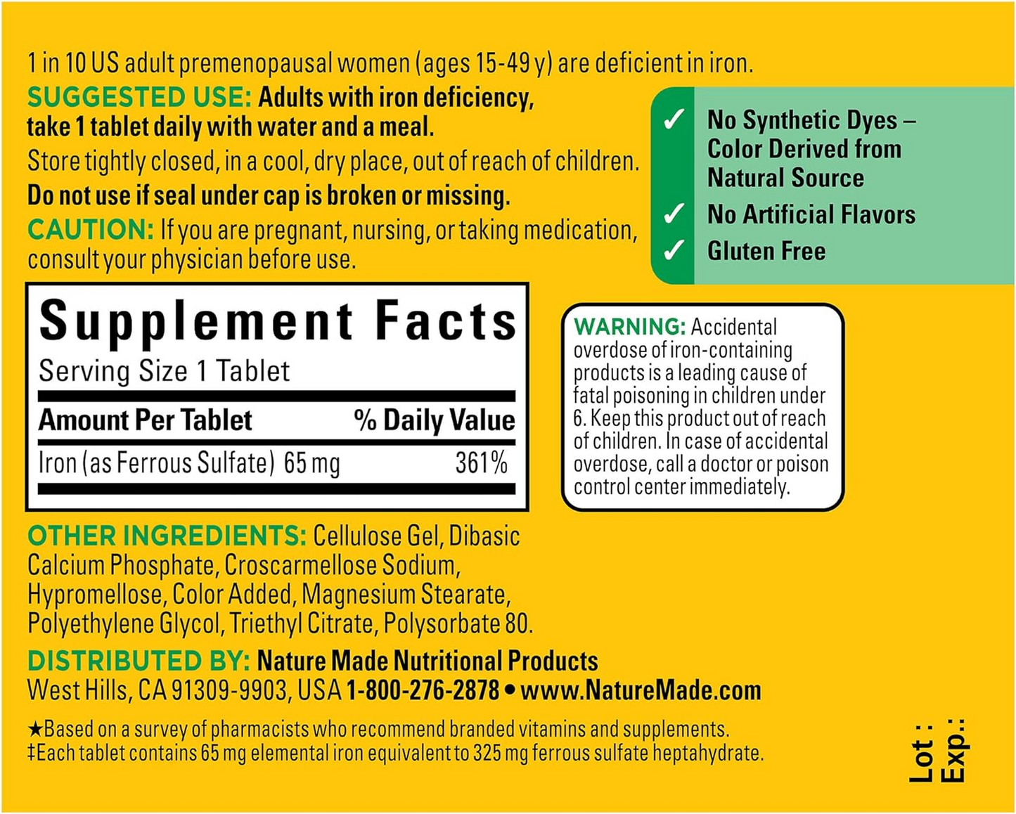 Nature Made Iron 65 mg (325 mg Ferrous Sulfate) Tablets, 365 Tablets, 365 Day Supply