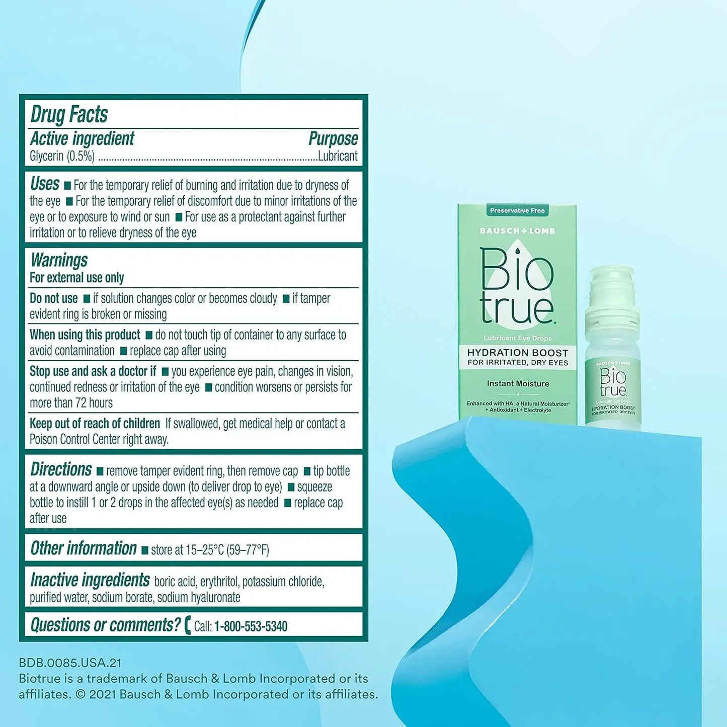 Biotrue Hydration Boost Eye Drops, Preservative Free, Soft Contact Lens Friendly for Irritated and Dry Eyes from Bausch + Lomb, Naturally Inspired, 0.33 FL OZ (10 mL) Biotrue