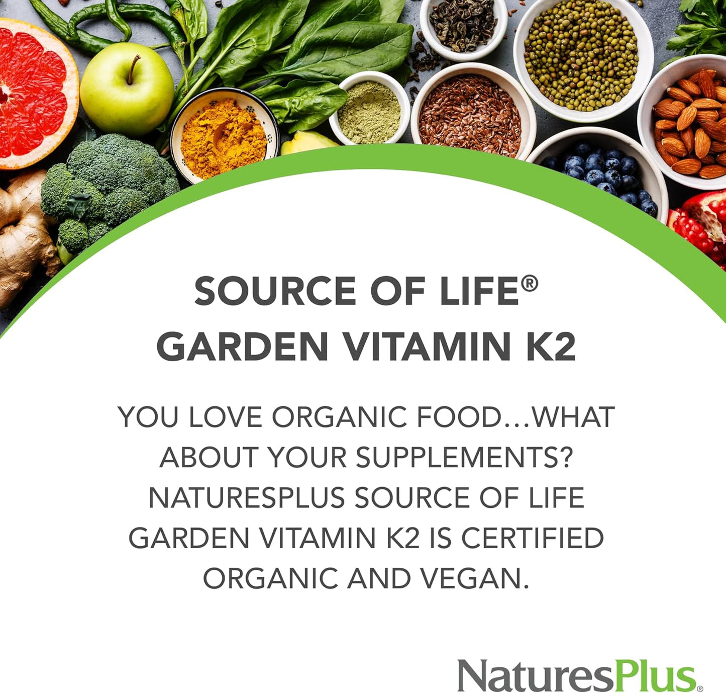 Source of Life Garden Certified Organic Vitamin K2-120 mcg, 60 Vegan Capsules - Bone Health Supplement - with Natural Whole Food Enzymes - Vegetarian, Gluten-Free - 60 Servings