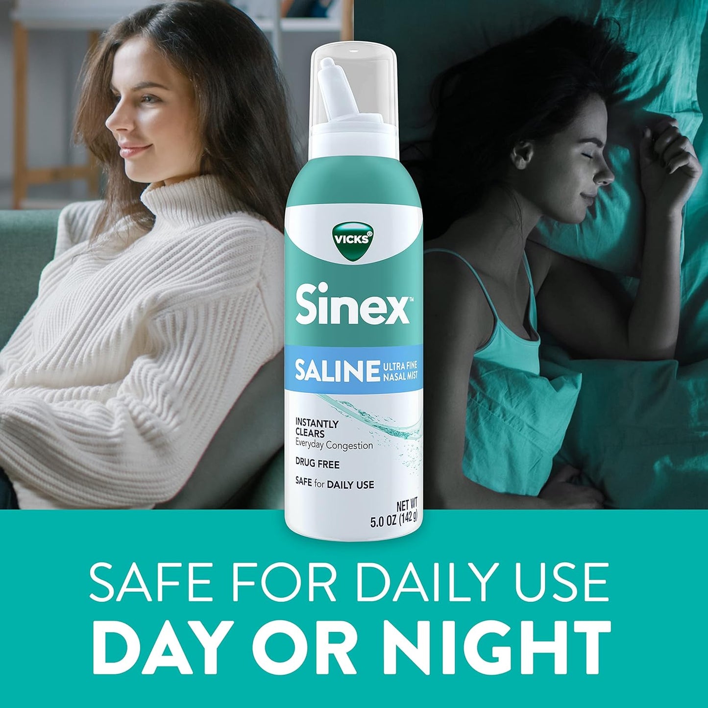 Sinex Saline Nasal Spray, Drug Free Ultra Fine Mist, Clear Everyday Sinus Congestion Fast, Clear Mucus from a Cold or Allergy, Daily Use 5.0 fl oz x 2
