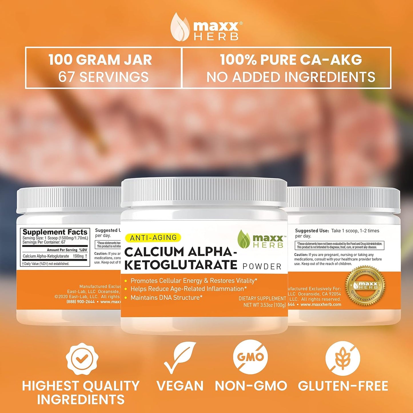 Maxx Herb Calcium AKG, Pure Calcium Alpha - Ketoglutarate Powder (Ca-AKG), for Energy, Vitality, Mental Focus, Clarity & DNA Structure, Non-GMO & Gluten Free - 100 Gram Jar (67 Servings)