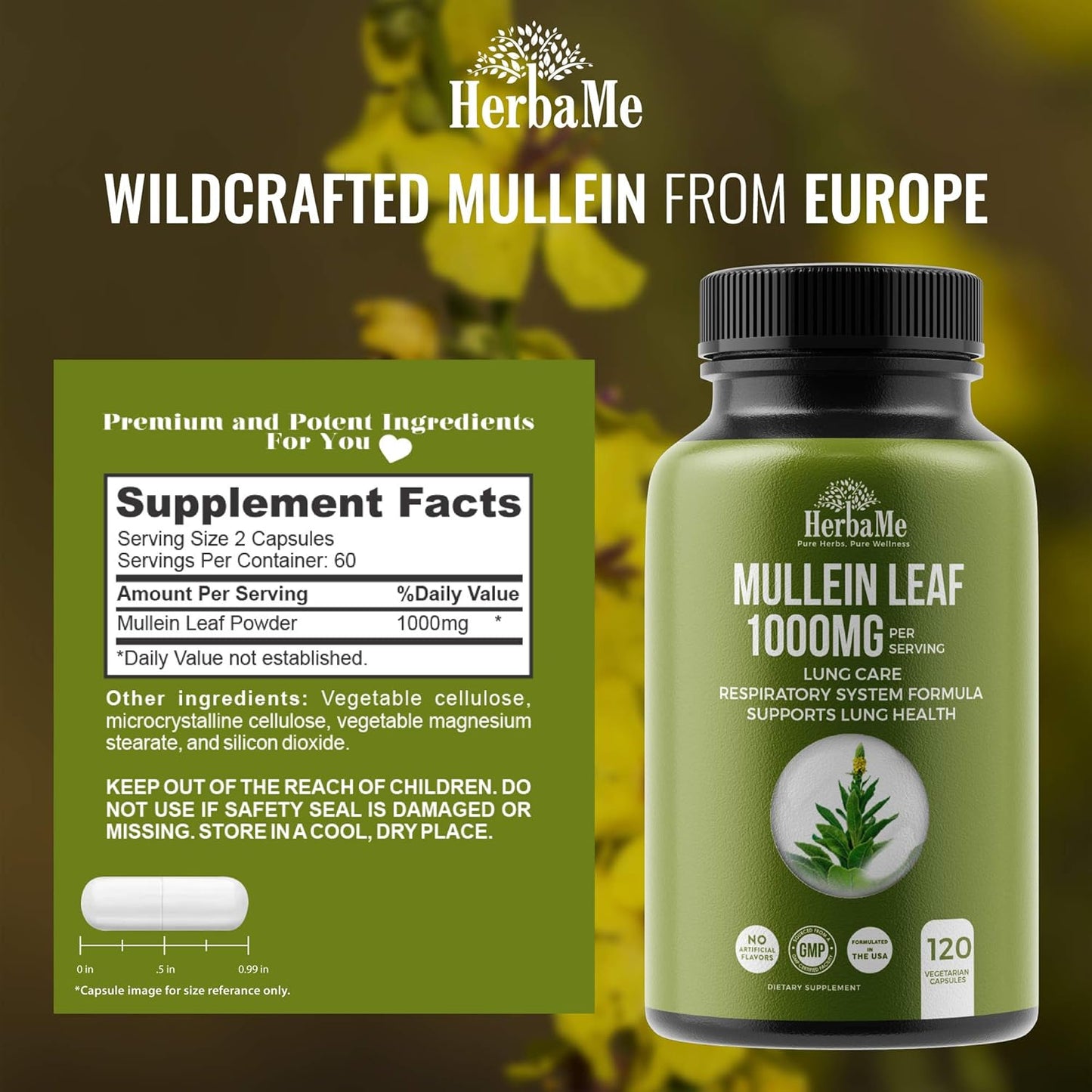 HerbaMe Mullein Leaf 1000mg, 120 Capsules, Detox Lung Cleanse, Supports Respiratory Function Health and Mucous Membranes, Lung Care, Promotes Ear Health, Mucus Relief Herbal Supplement