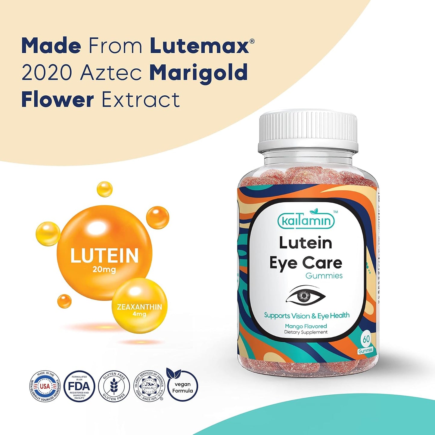 Kaitamin Lutein & Zeaxanthin Eye Supplement for Adults| Blue-Light Protection, Screen-Ray Protection, Dry-Eye Support, Yummy Mango Flavored Vegan, Gluten-Free