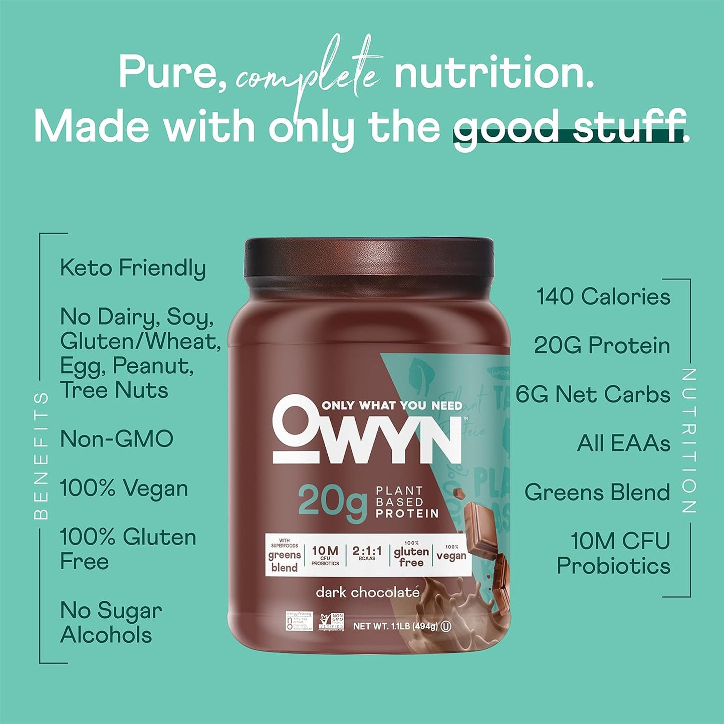OWYN Only What You Need Plant-Based Protein Powder, Dark Chocolate,