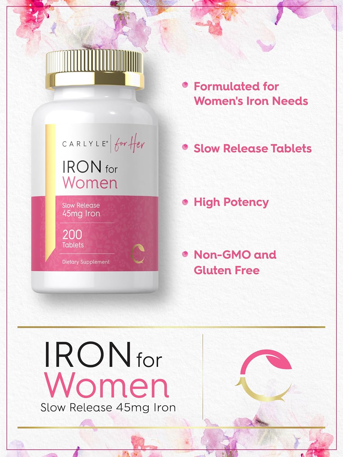 CARLYLE Iron Supplement for Women 45mg | 200 Tablets | Vegetarian, Non-GMO, Gluten Free, Slow Release Pills