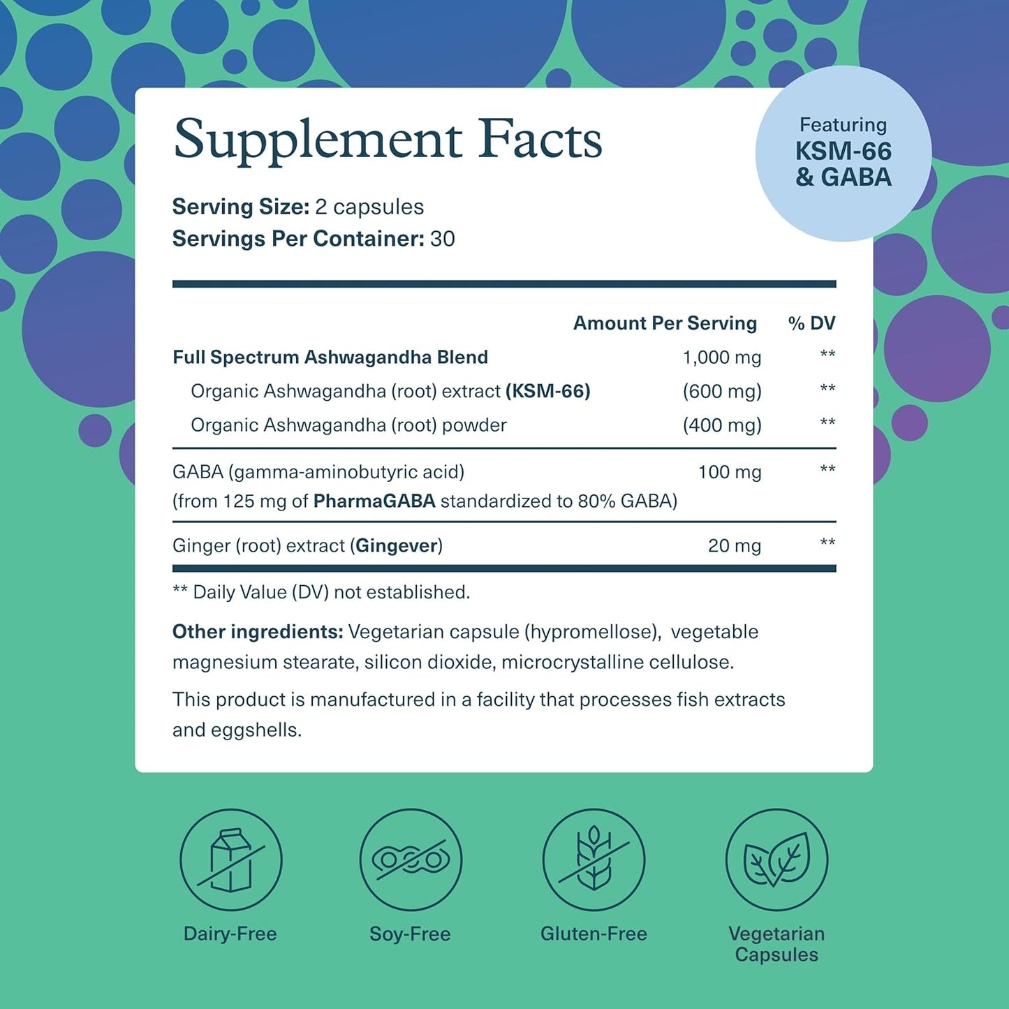 Youtheory Ashwagandha + GABA - 1,000 mg Ashwagandha & 100 mg GABA - 60 Vegetarian Capsules Youtheory