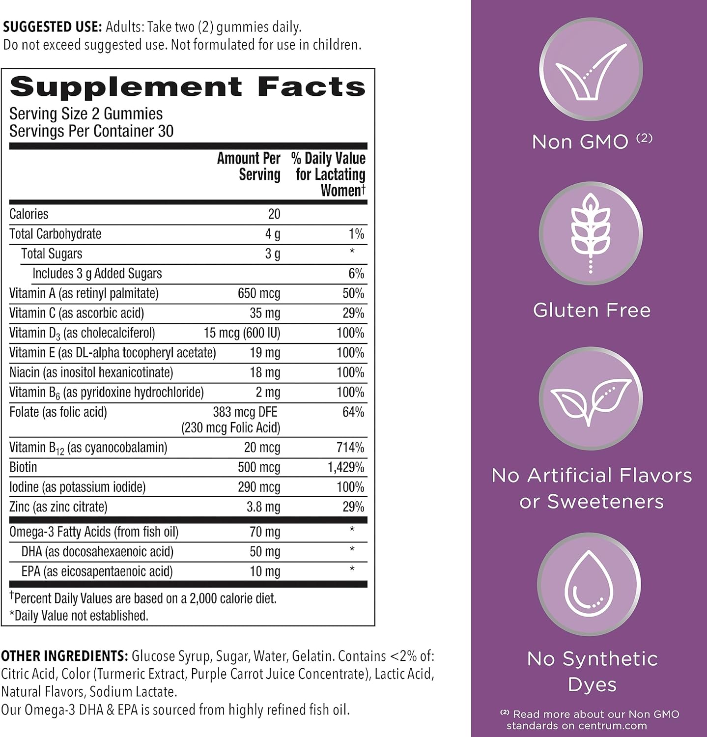 Centrum Postnatal Multivitamin Gummies with Biotin and DHA, Mixed Berry and Lemon Flavors - 60 Count, 30 Day Supply Centrum