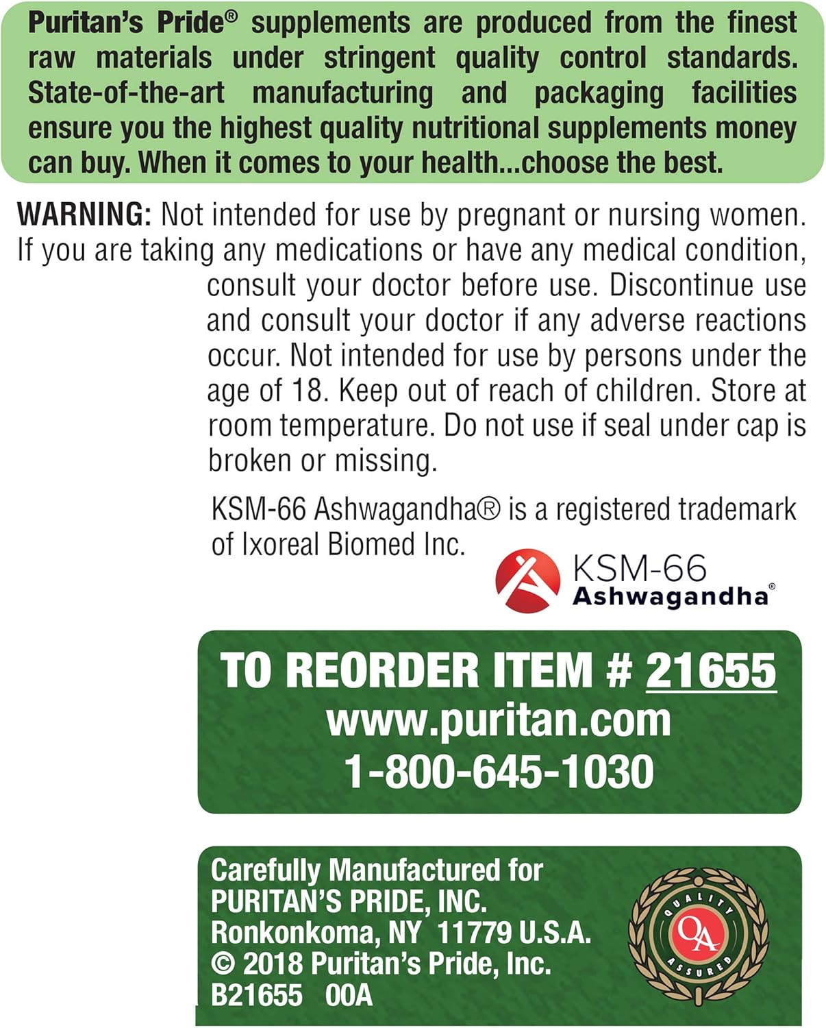 Puritan's Pride KSM-66 Ashwagandha® 450mg - 1 Month Supply, 60 Capsules