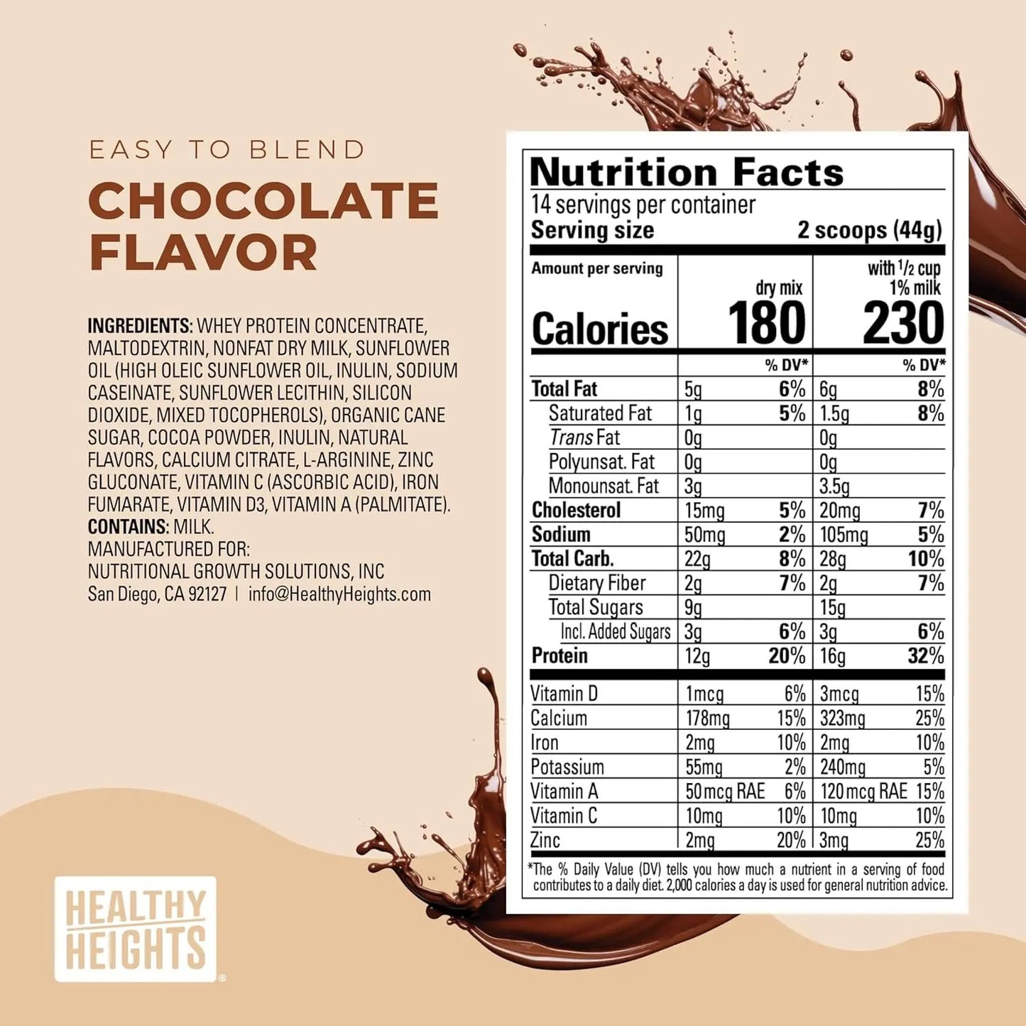Grow Daily 3+ Shake Mix 7-serving Canister by Healthy Heights - Protein Powder (Chocolate) - Developed by Pediatricians - High in Protein Nutritional Shake - Contains Key Vitamins & Minerals Healthy Heights