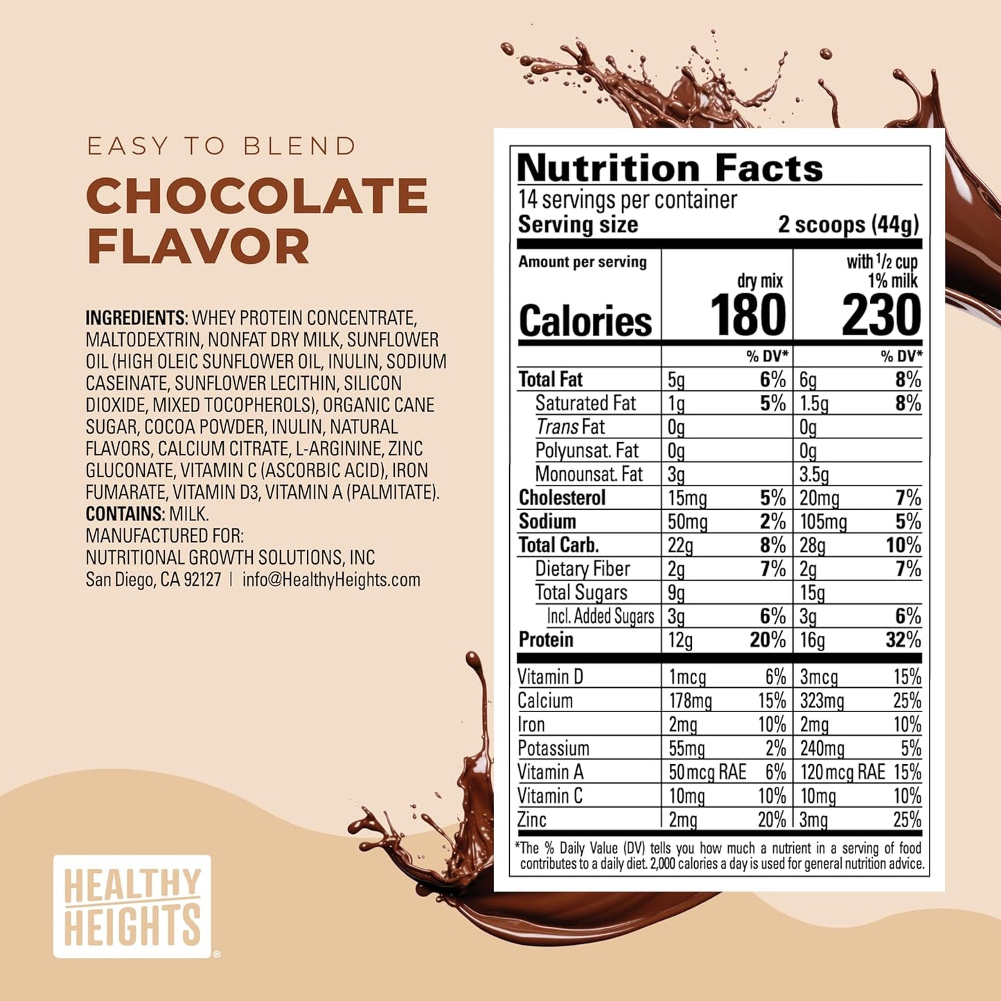 Healthy Height Grow Daily 3 Protein Powder (Chocolate) - Developed by Pediatricians - High in Protein Nutritional Shake - Contains Key Vitamins & Minerals 21.7 oz