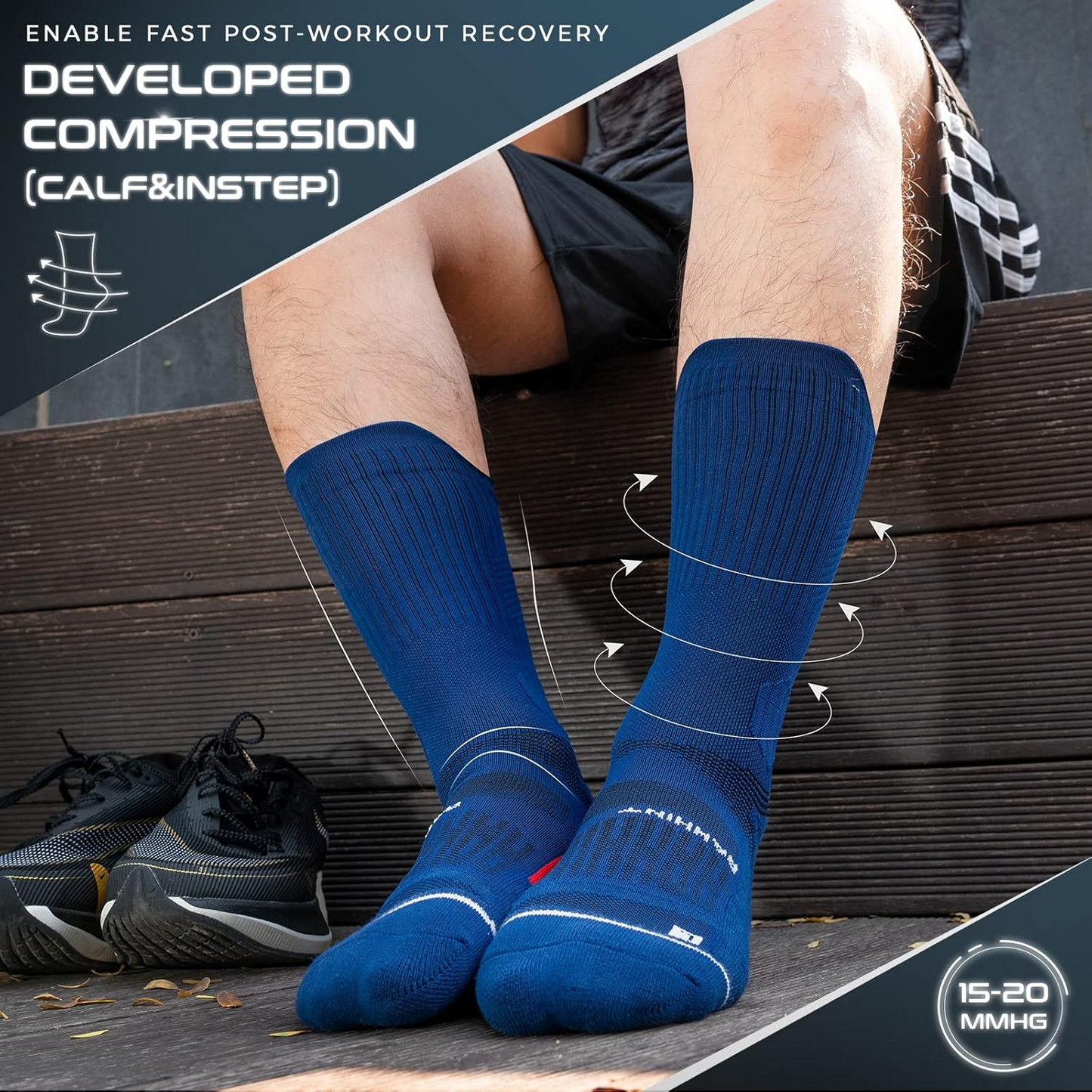 Coolmax Compression Running Socks 3 Pairs, Cushion Crew Socks, Anti-Blister Moisture Wicking Athletic Hiking Socks