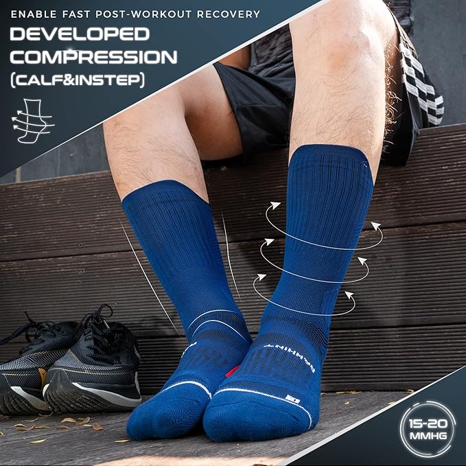 Coolmax Compression Running Socks 3 Pairs, Cushion Crew Socks, Anti-Blister Moisture Wicking Athletic Hiking Socks