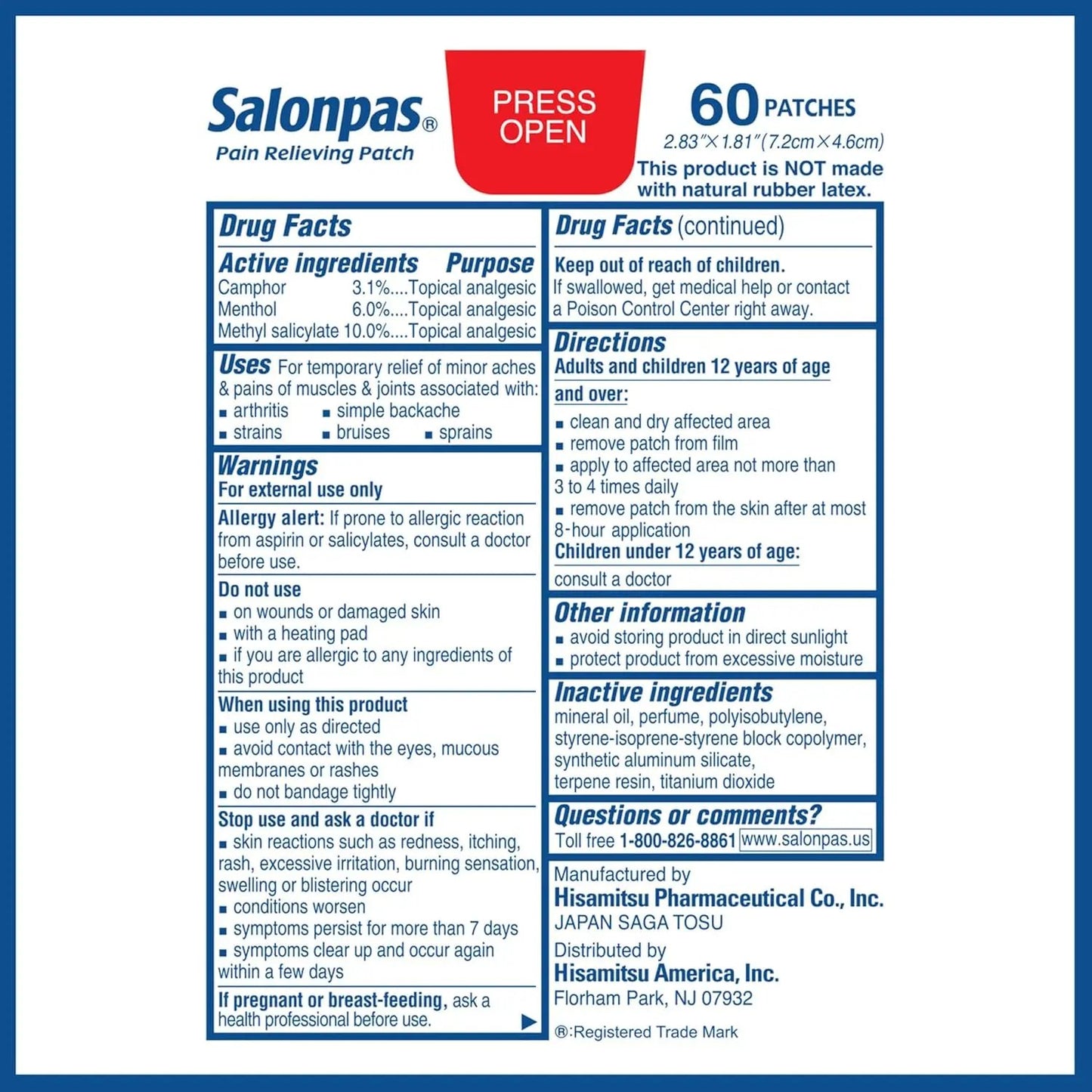 Salonpas Pain Relieving Patch for Back, Neck, Shoulder, Knee Pain and Muscle Soreness - 8 Hour Pain Relief - 60 Count Salonpas