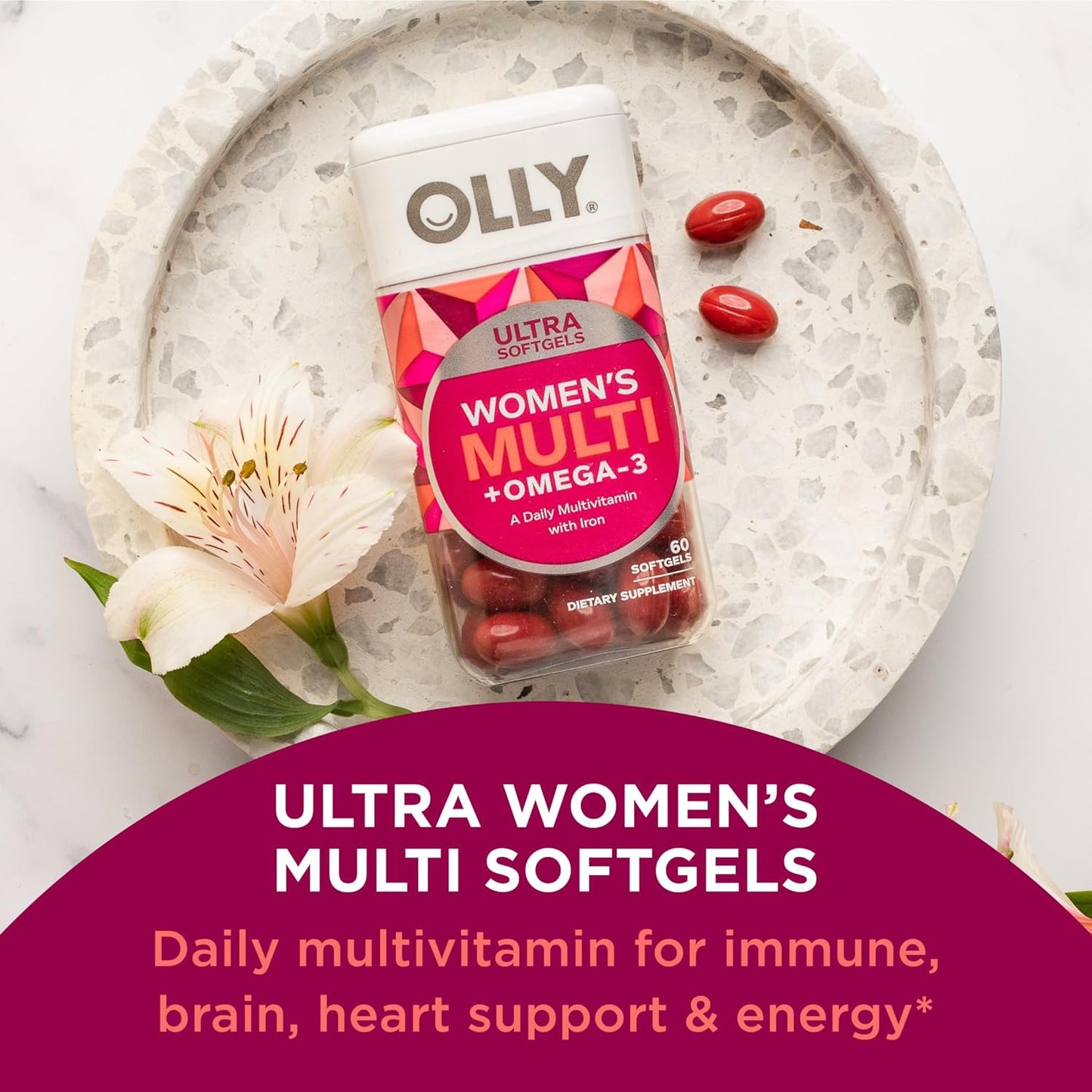 Olly Ultra Women's Multi Softgels, Overall Health and Immune Support, Omega-3s, Iron, Vitamins A, D, C, E, B12, Daily Multivitamin, 30 Day Supply - 60 Count