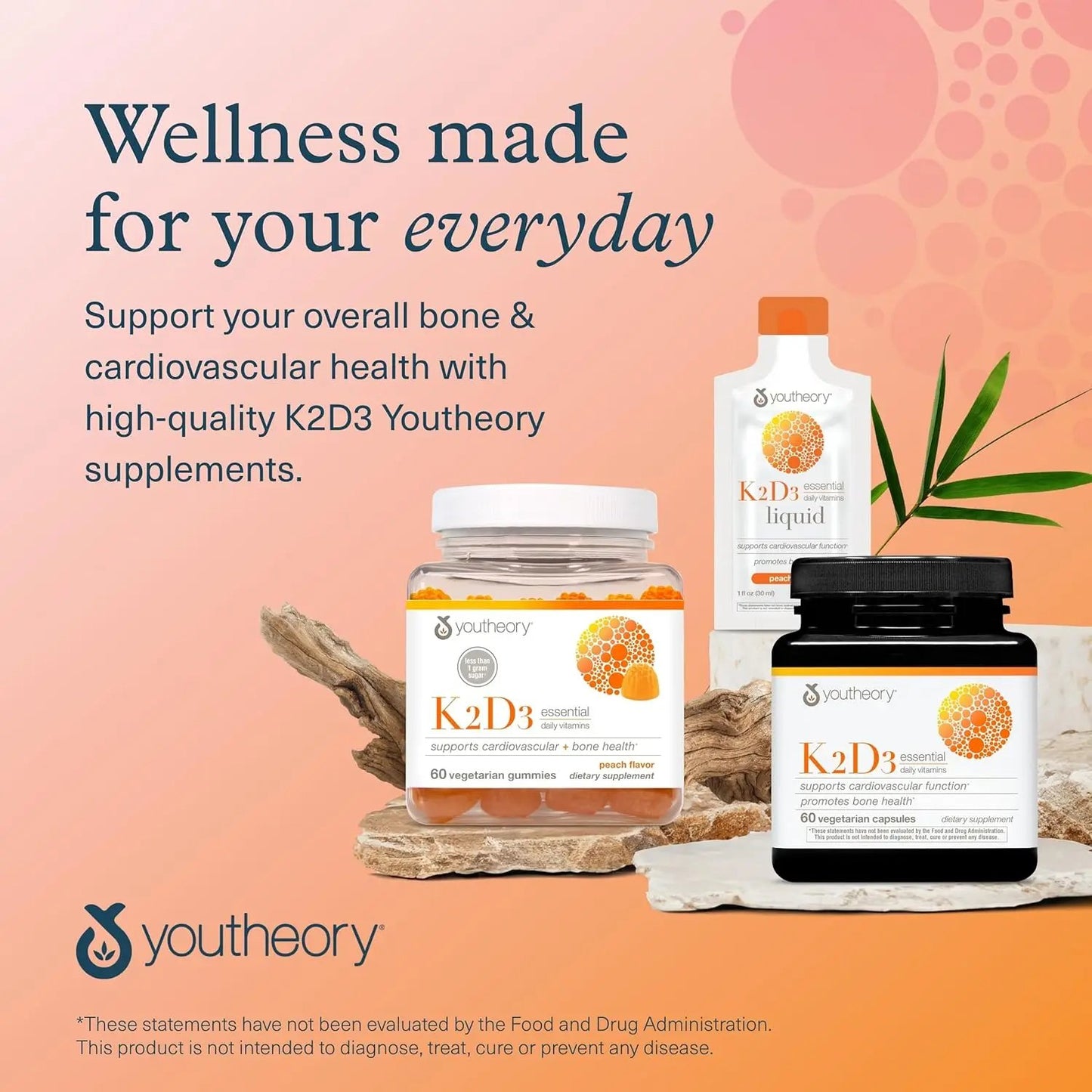 Youtheory K2 and D3 Daily Vitamin Supplement for Calcium Absorption, Bone Strength and Cardiovascular Support, 60 Vegetarian Capsules Youtheory