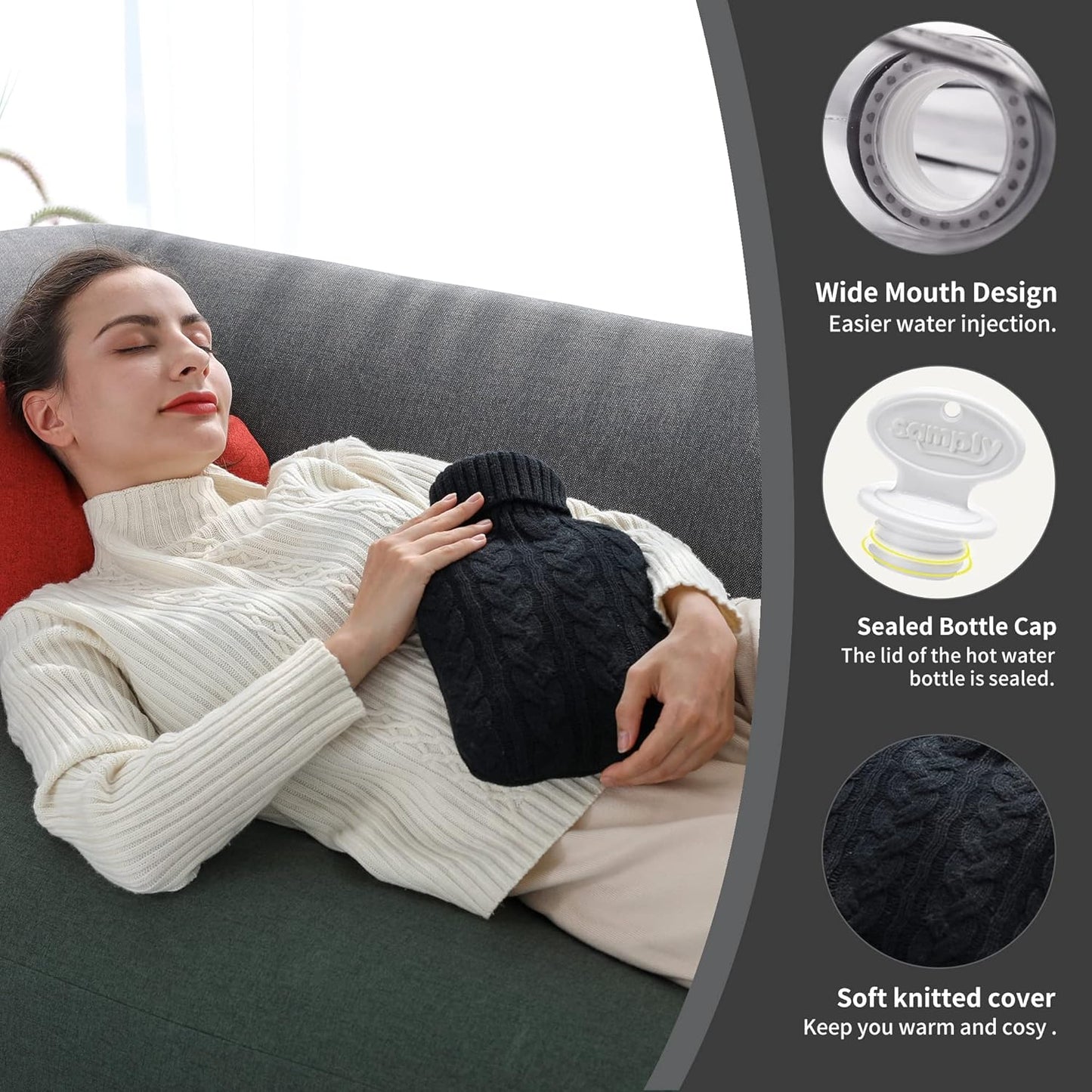 samply Hot Water Bottle with Knitted Cover, 2L Hot Water Bag Samply