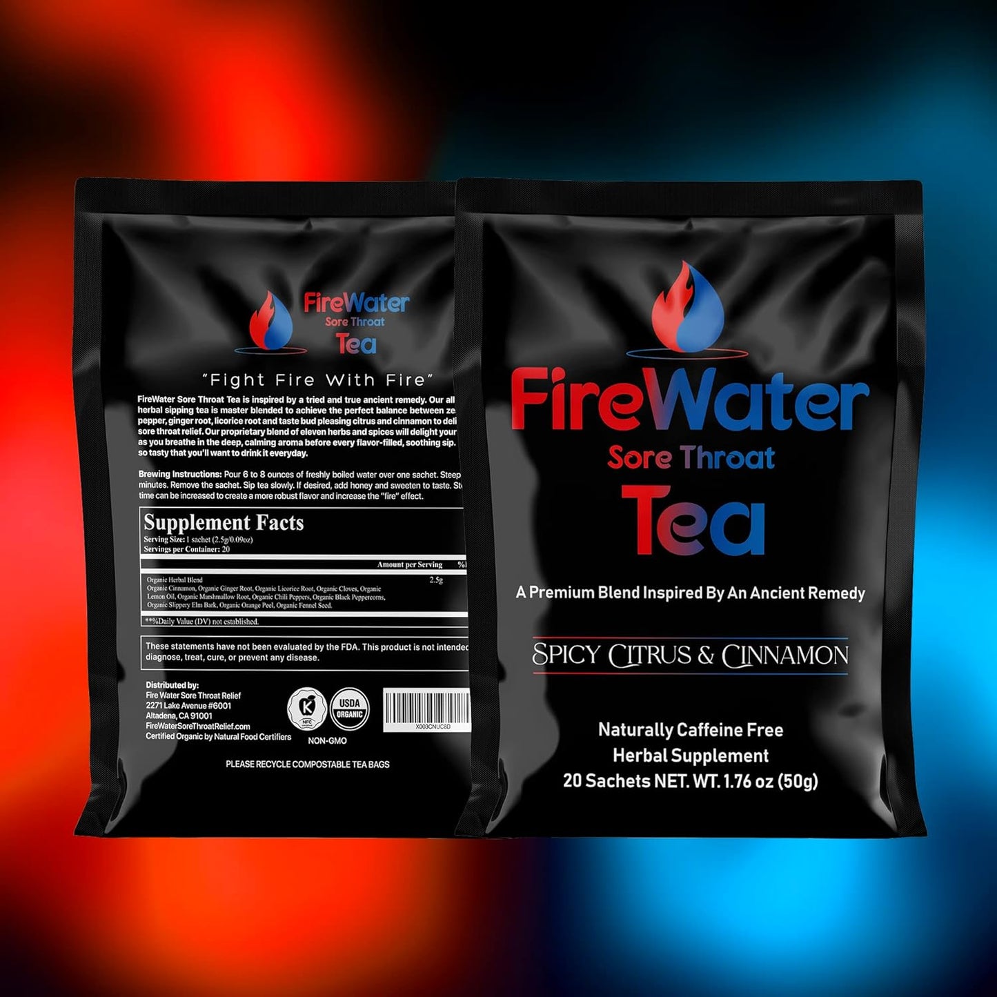 FireWater Sore Throat Tea - Organic Caffeine Free Herbal Tea, Relieves Sore Throats, Chronic Cough, Mucus, Sinus Congestion, Spicy Citrus and Cinnamon. - 20 Sachets