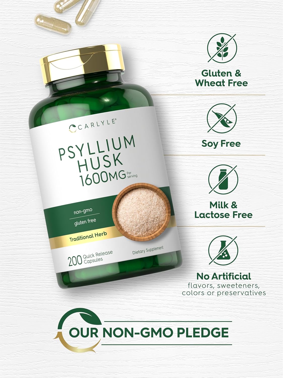 Carlyle Psyllium Husk Capsules 1530mg | 240 Caps | High Potency Fiber Supplement | Non-GMO, Gluten Free