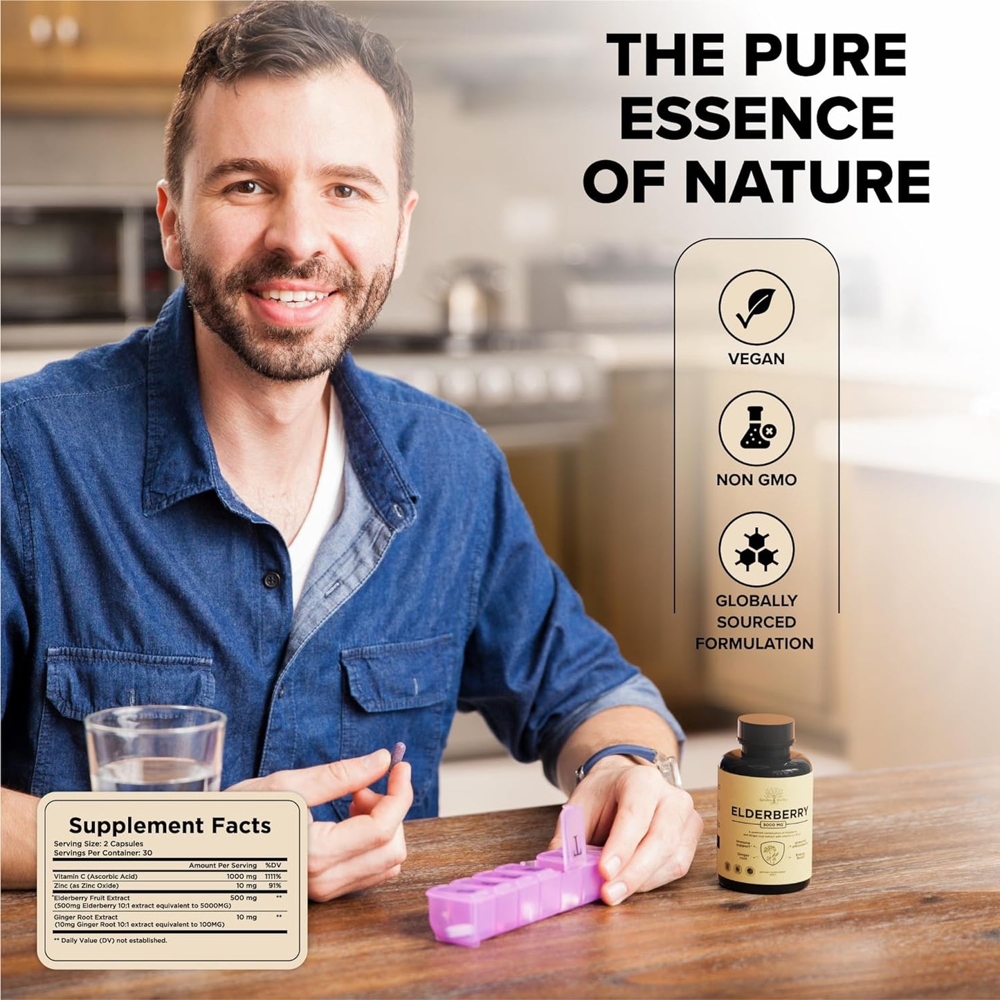 Elderberry with Vitamin C, Zinc, & Ginger – Potent Immune Booster - 60 Caps