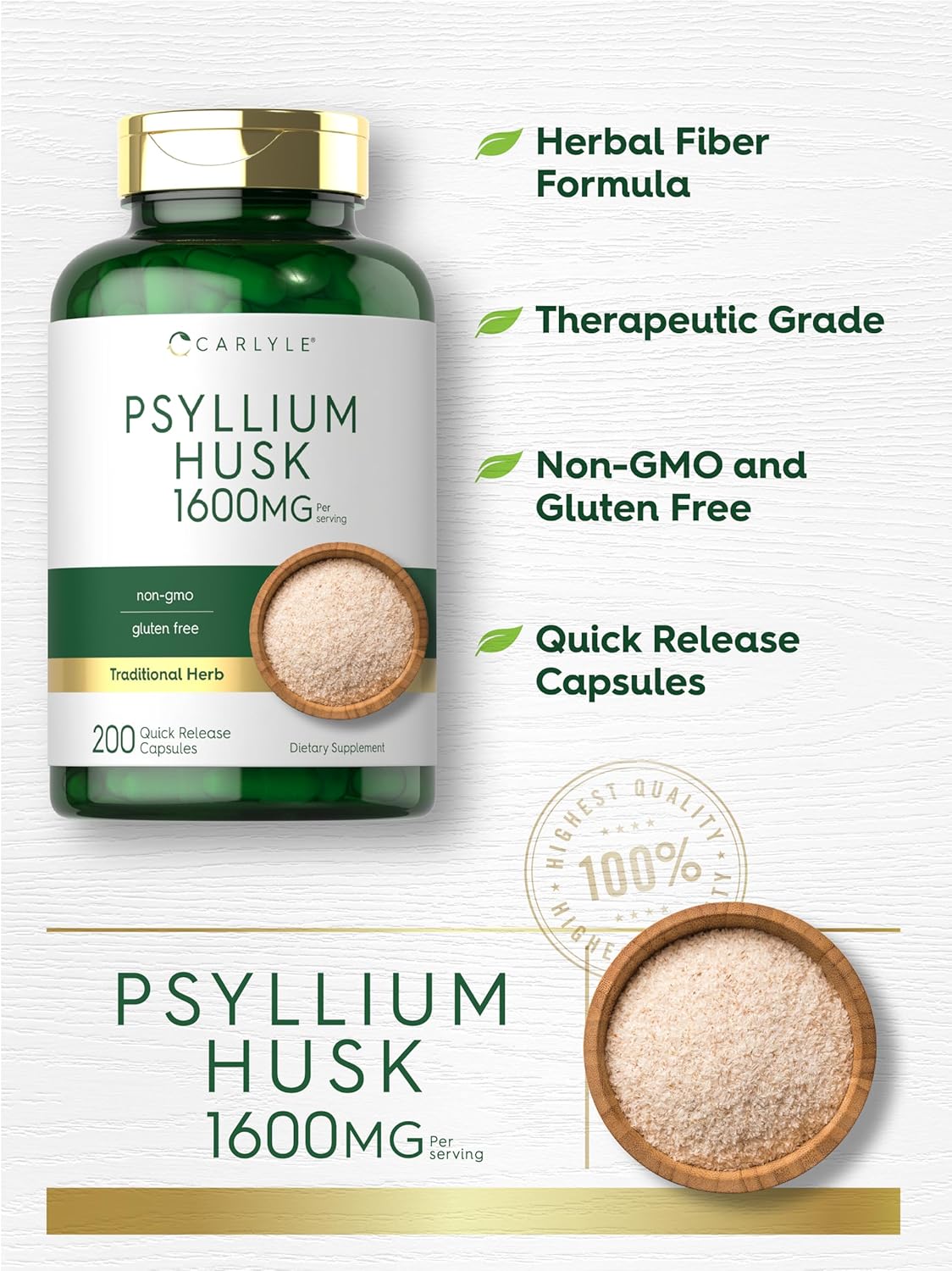 Carlyle Psyllium Husk Capsules 1530mg | 240 Caps | High Potency Fiber Supplement | Non-GMO, Gluten Free