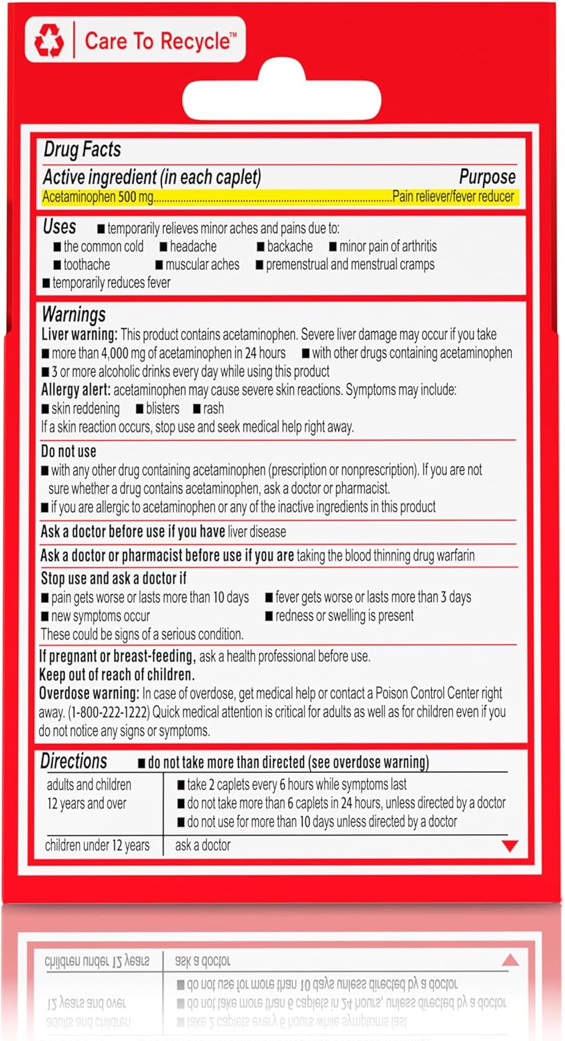Tylenol Extra Strength 500 mg Acetaminophen Caplets, Travel Size, 6 Ct Tylenol