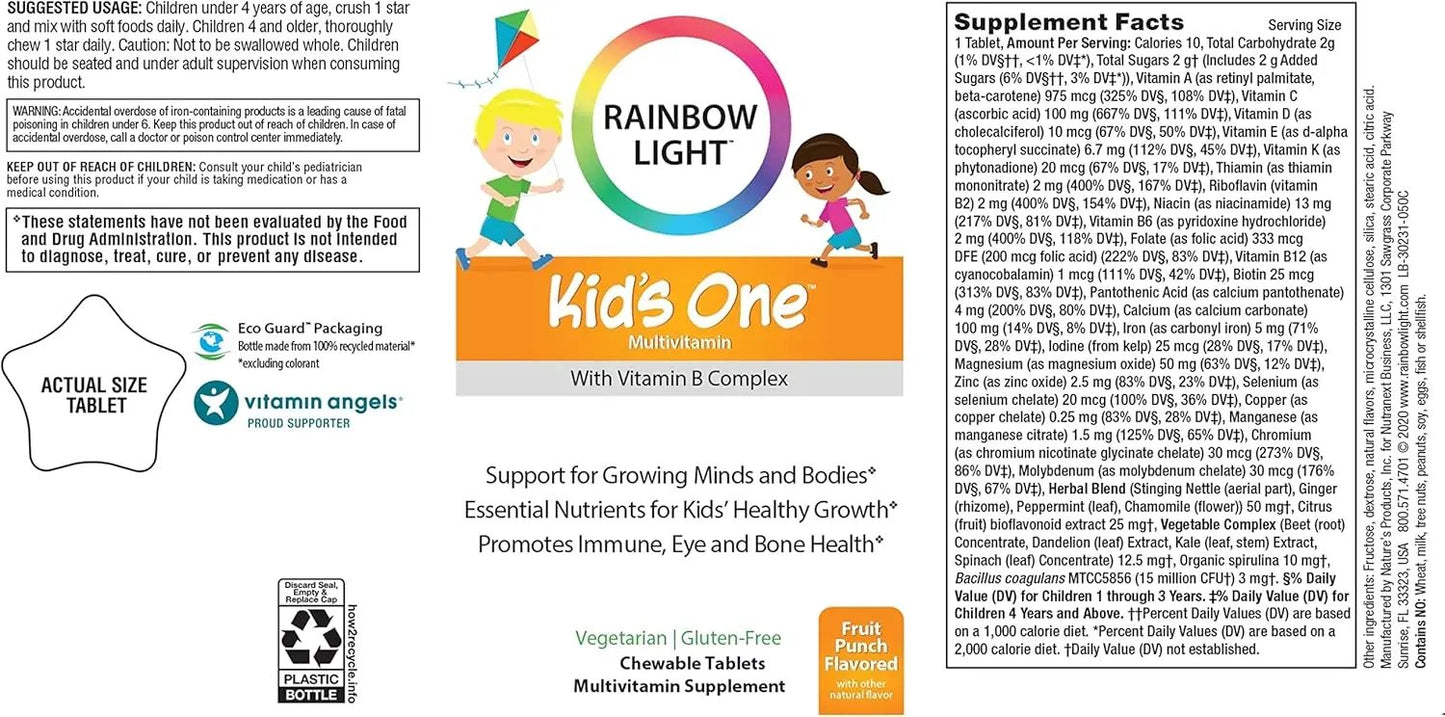 Rainbow Light Multivitamin for Kids, Vitamin C, Zinc, & B Complex, Support for Growing Minds & Bodies, Gluten Free, Vegetarian, Fruit Punch, 90 Tablets Rainbow