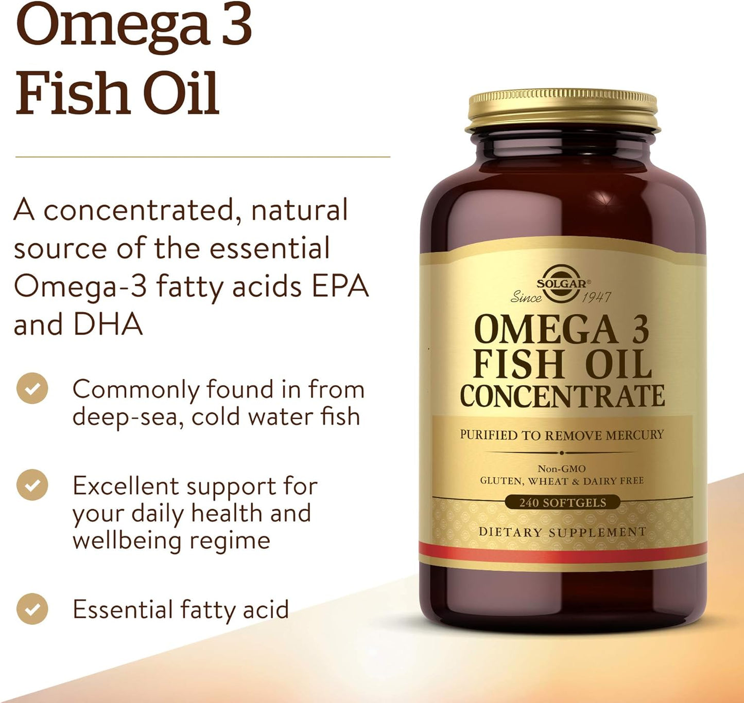Omega-3 Fish Oil Concentrate, 240 Softgels - Support for Cardiovascular, Joint & Brain Health - Contains EPA & DHA Fatty Acids - Non GMO, Gluten/ Dairy Free - 120 Servings