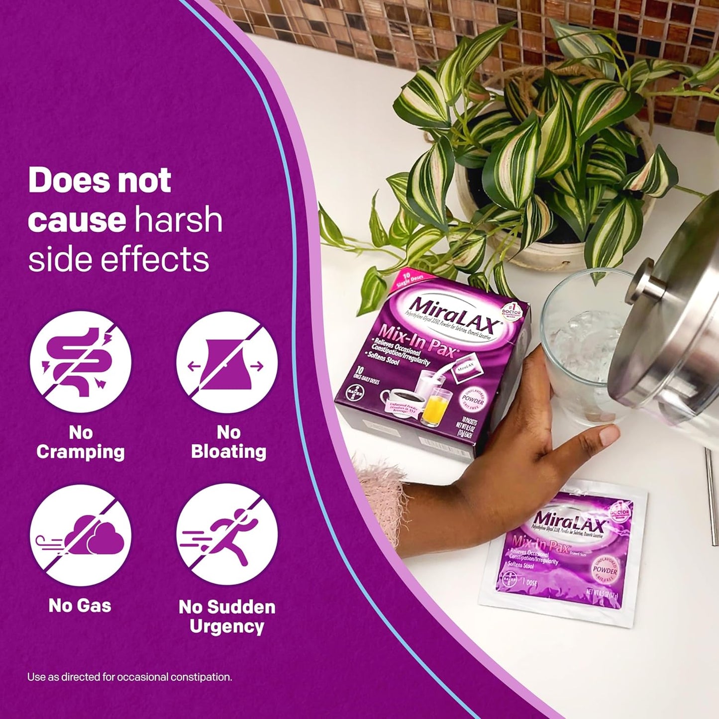 MiraLax Laxative Powder for Gentle Constipation Relief, 10 Count Mix-In Packs + Mixing Stirrers