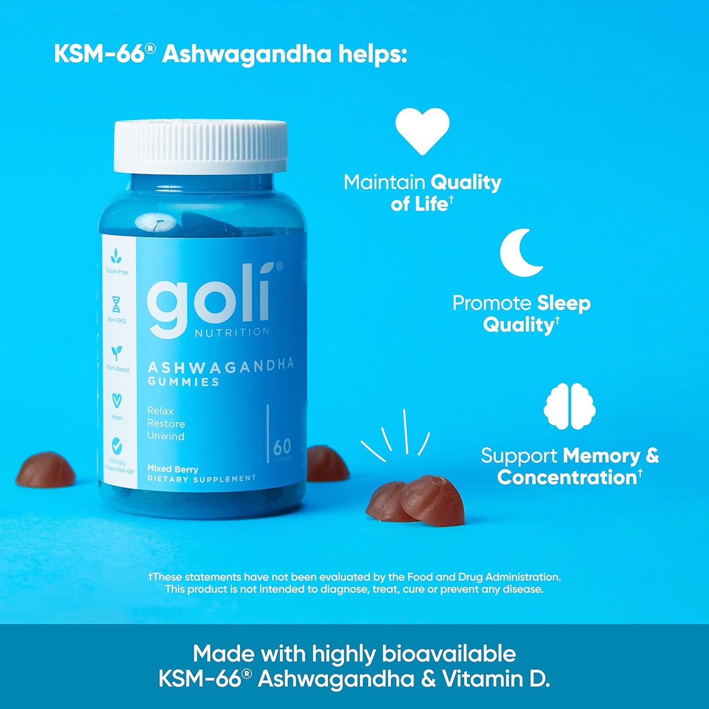 Goli Ashwagandha & Vitamin D Gummy - 60 Count - Mixed Berry, KSM-66, Vegan, Plant Based, Non-GMO, Gluten-Free & Gelatin Free Relax. Restore. Unwind
