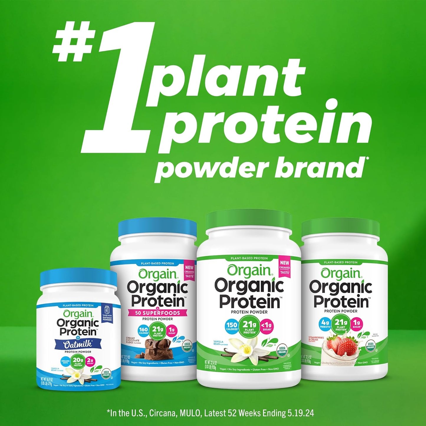 Orgain Organic Vegan Protein Powder, Vanilla Bean - 21g of Plant Based Protein, Low Net Carbs, Gluten Free, Lactose Free, No Sugar Added, Soy Free, Kosher, Non-GMO, 2.03 Lb