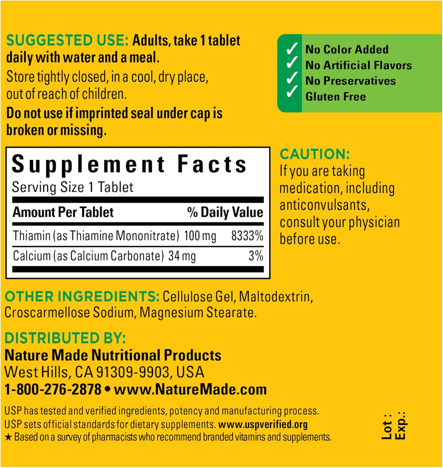 Nature Made Vitamin B1 100 mg, 100 Tablets